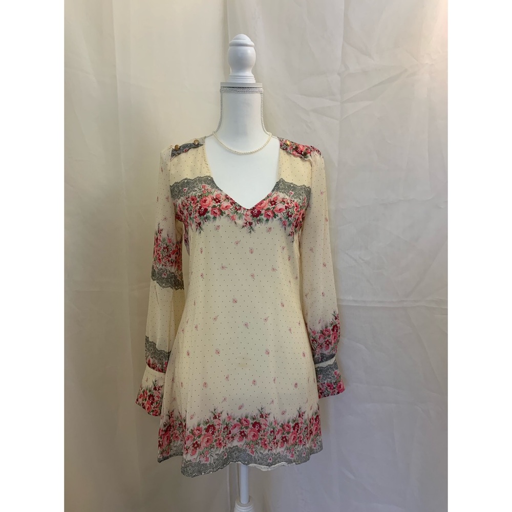 Long Sleeve Floral Design Backless Dress